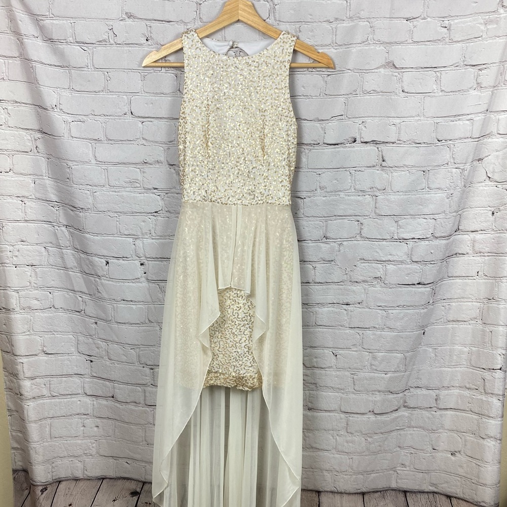 B. Darlin high low cream and gold sequin dress • size 1 / 2